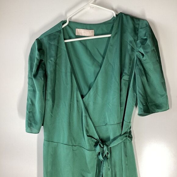 Keepsake The Label Green Satin Wrap Dress | Ruffle Short Sleeve Mini | Size L - Picture 5 of 15